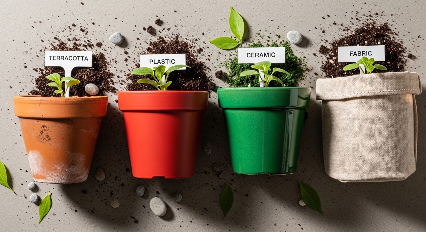 Overhead comparison of terracotta, plastic, ceramic, and fabric pots