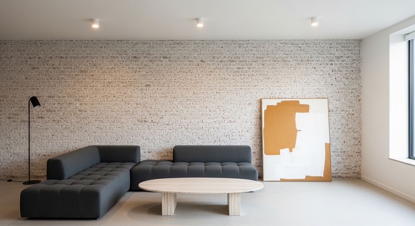 Minimalist living room with whitewashed brick wall and modular sofa.