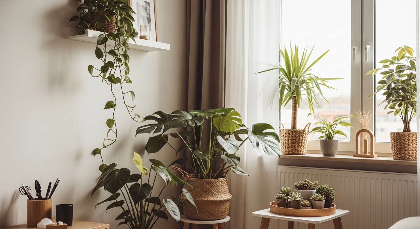Thriving indoor plant corner with pothos, monstera, and succulents in bright apartment