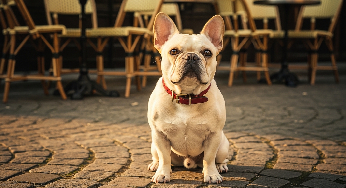 cream French Bulldog on a cobblestone Parisian street at golden hour