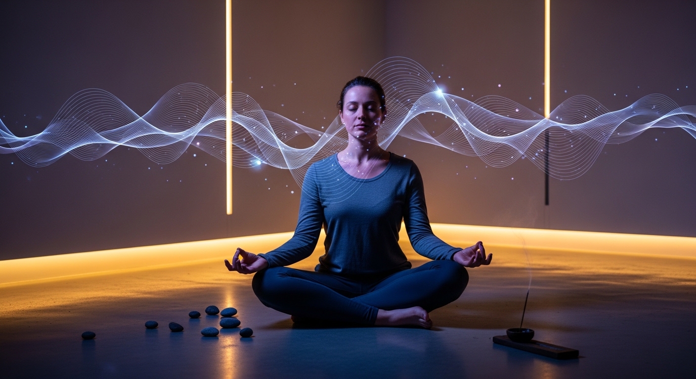 Person meditating with glowing brain wave patterns around head