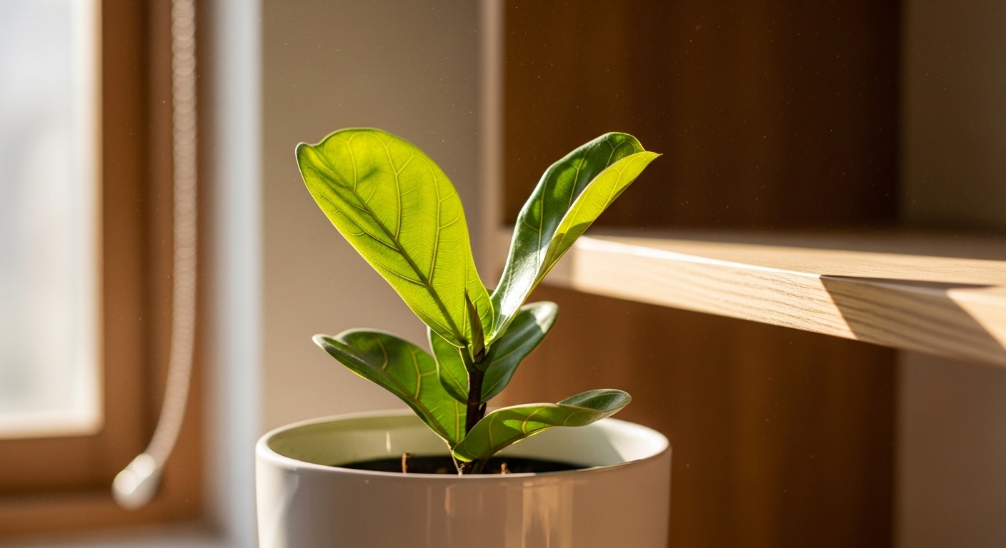 Fiddle leaf fig unfurling new leaf in white pot on wooden shelf