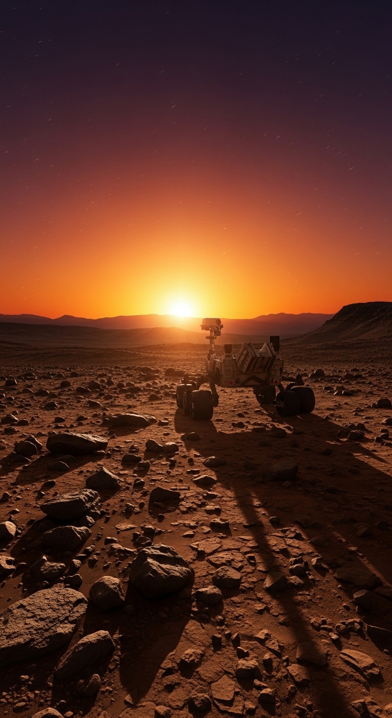 Mars rover silhouetted against Martian sunset