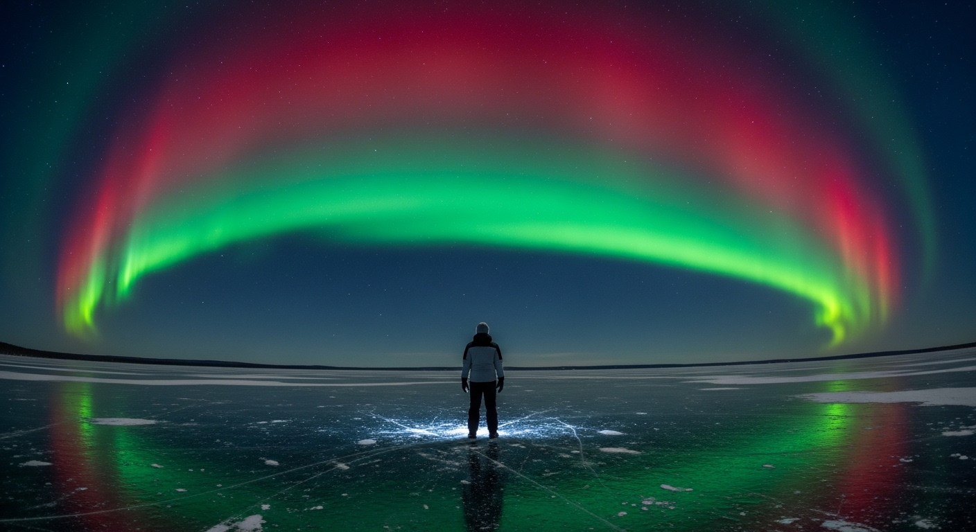 Person watching green and red aurora reflected on frozen lake