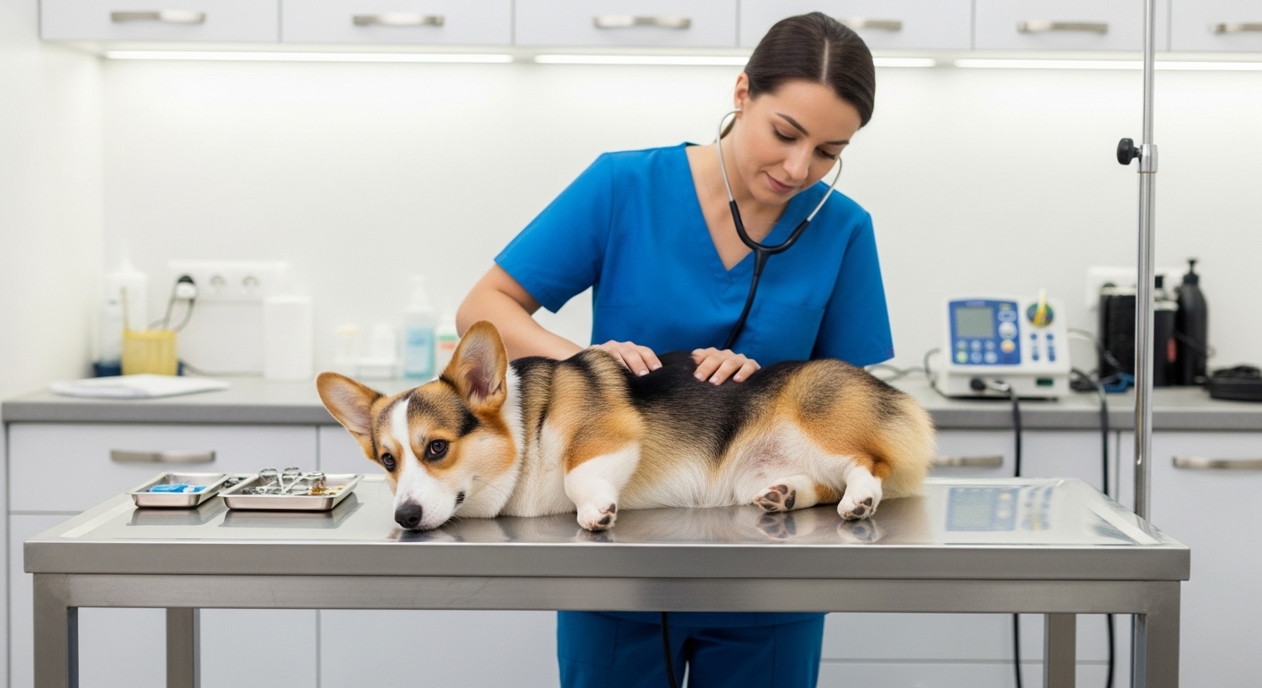 Pembroke Welsh Corgi being examined at a veterinary clinic