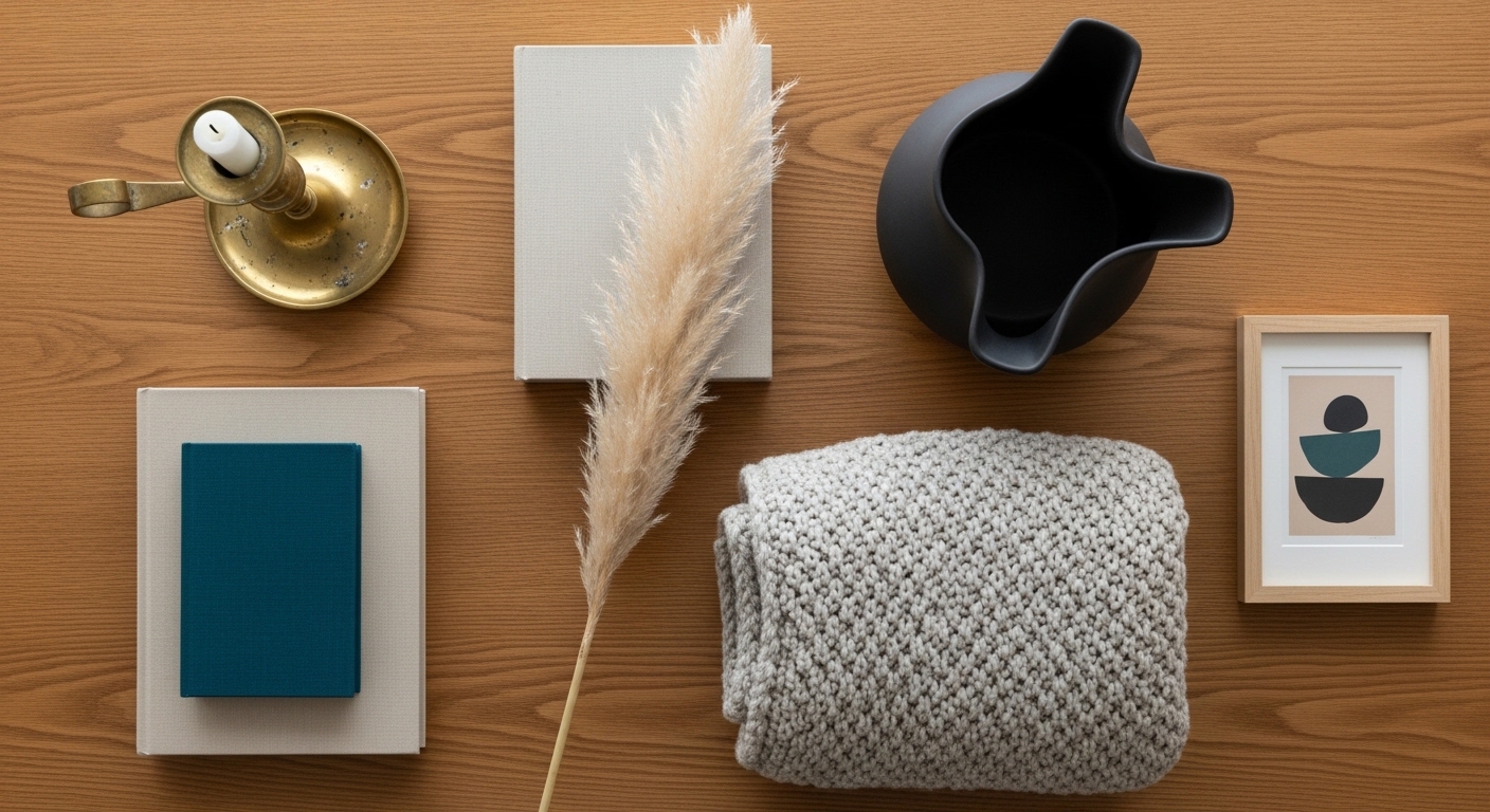 Overhead flat-lay of eclectic decor objects in warm neutrals and brass