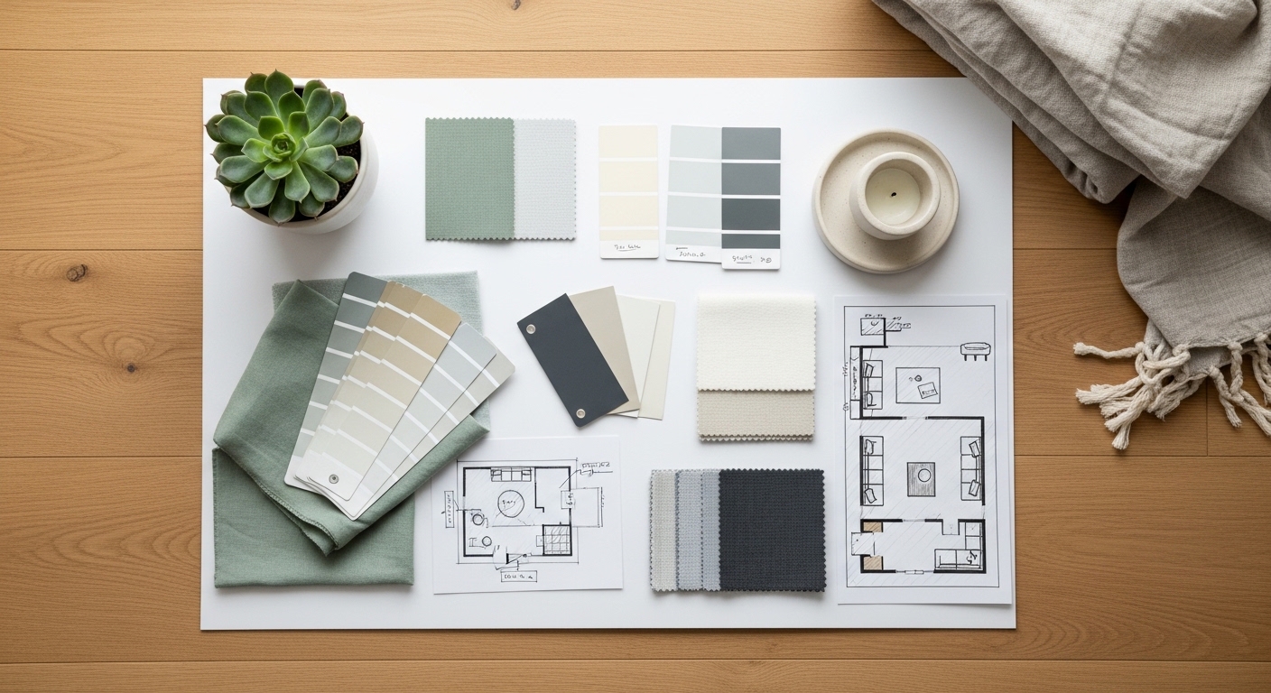 Overhead mood board flat-lay with fabric swatches and decor planning items
