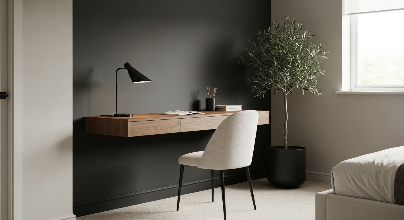 Charcoal accent wall behind walnut desk in bedroom corner office