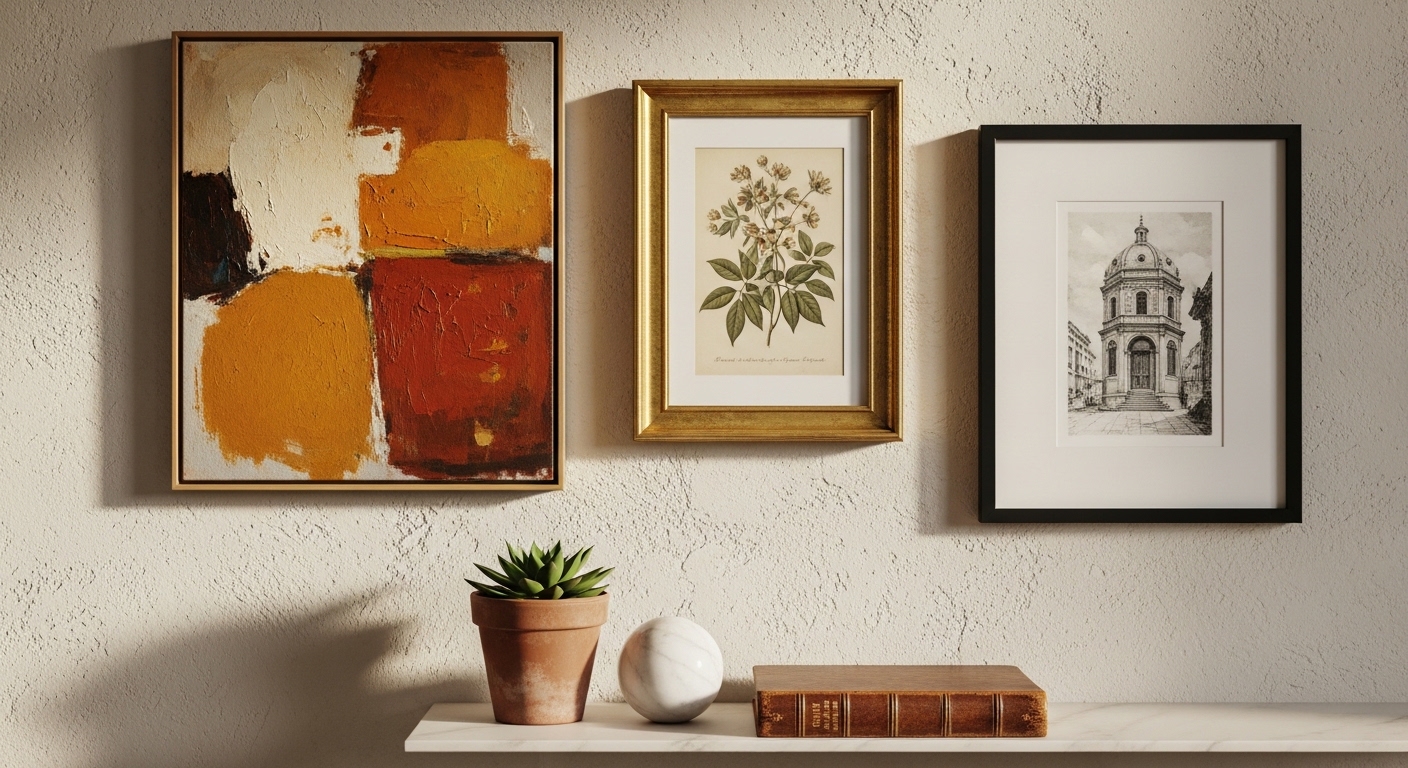 Eclectic wall vignette with mixed frames, terracotta pot, and marble sphere