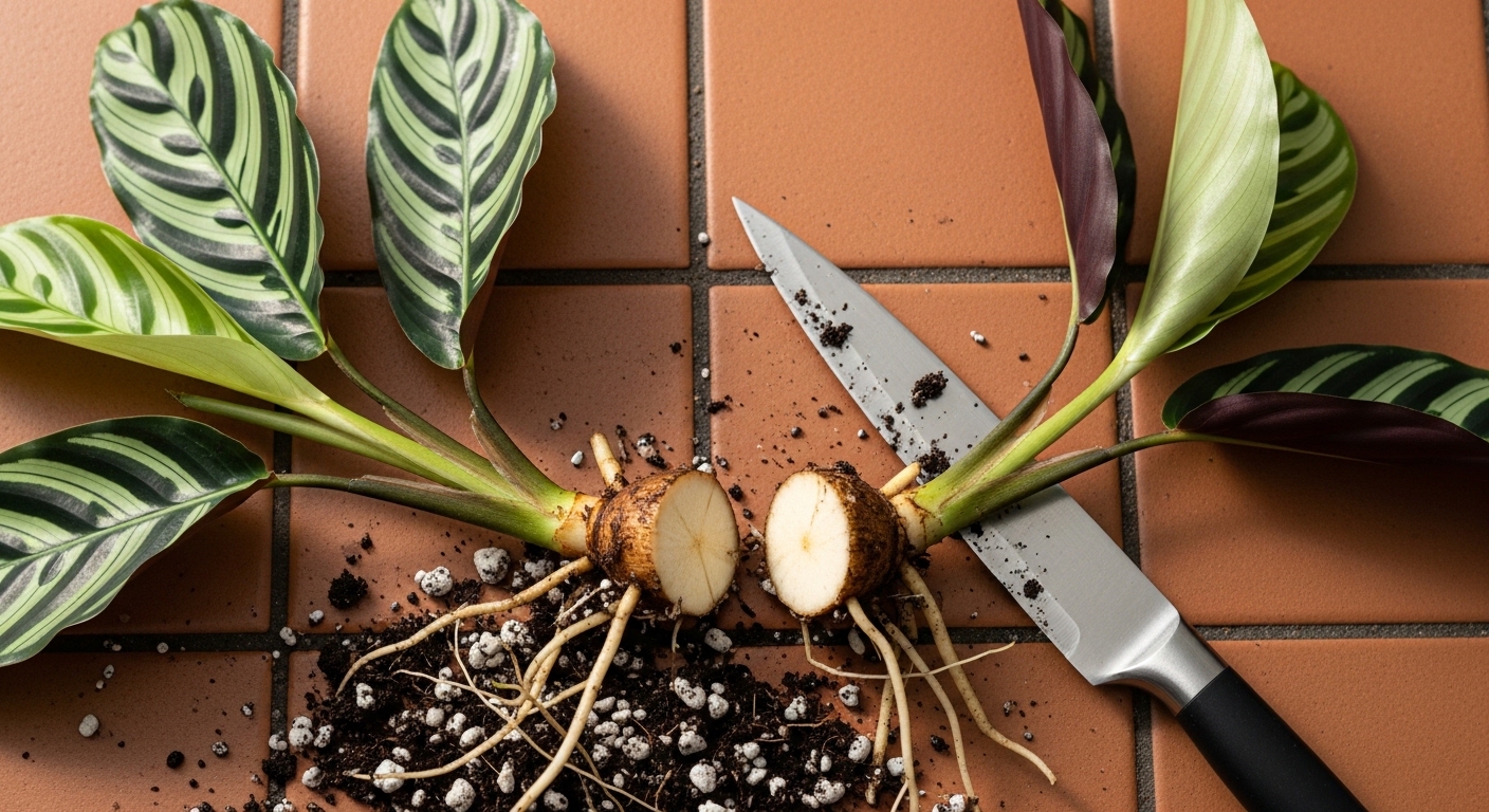 Calathea ornata divided into two sections with visible rhizome and roots