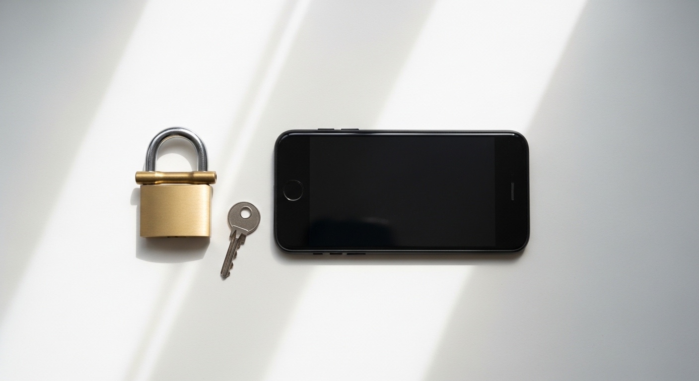 Smartphone with padlock and key overhead view