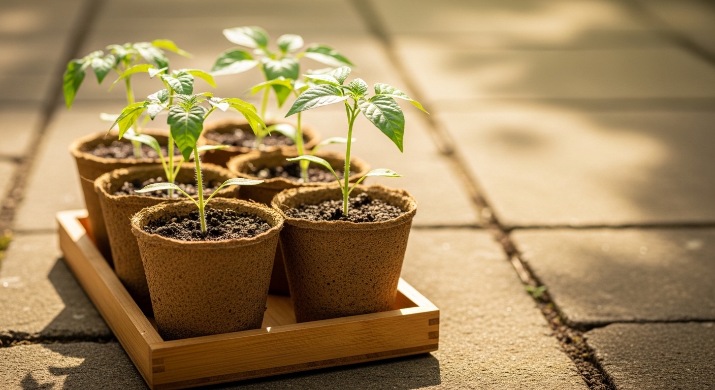 Tomato and pepper seedlings in coir pots on stone patio during hardening off process