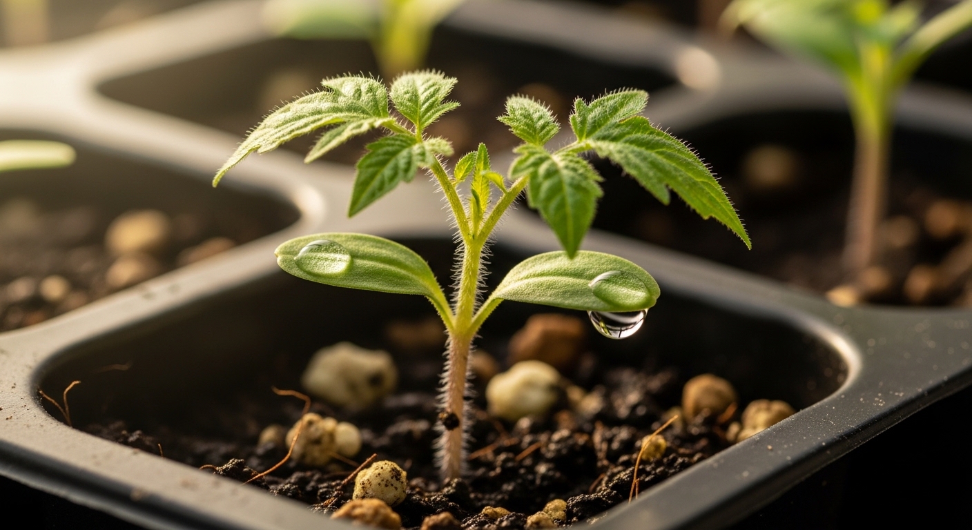 Tomato seedling showing cotyledons and first true leaves emerging from germination mix
