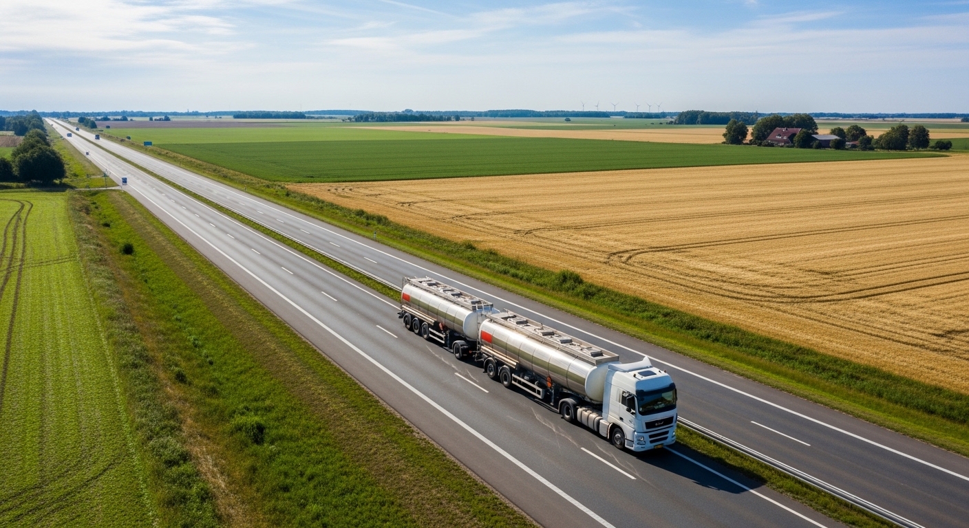 Fuel tanker truck on highway from above