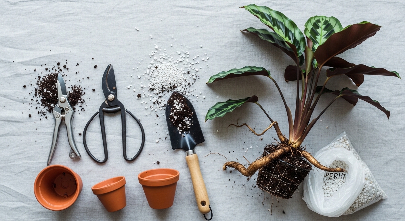 Overhead flat lay of division tools and calathea plant ready for repotting