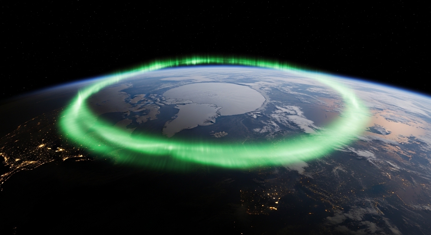 Aurora oval seen from orbit around Earth's polar region