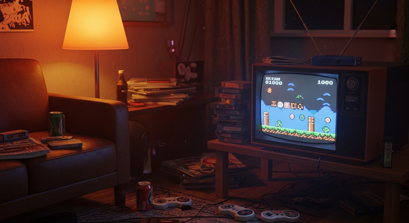 Retro gaming setup with CRT TV and classic cartridges