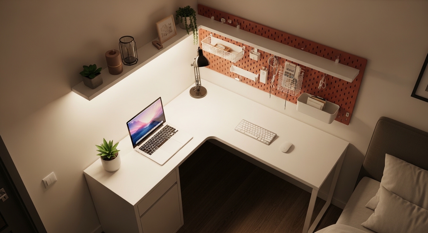 Overhead view of L-shaped corner desk with pegboard above