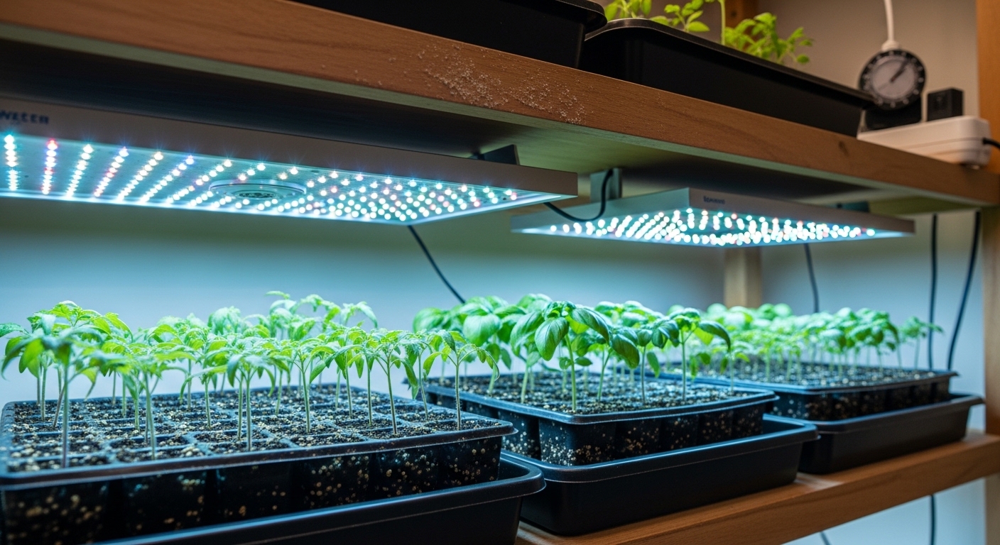 Seedling shelving unit with grow lights illuminating rows of compact tomato and basil seedlings