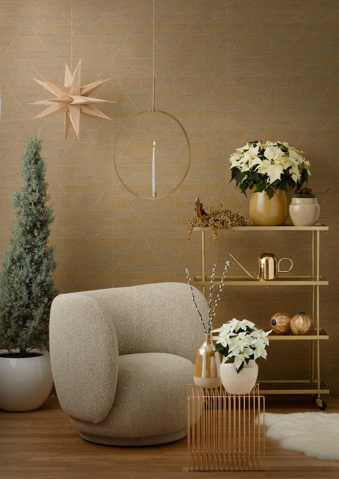 Golden hour living room corner with boucle armchair and monstera plant