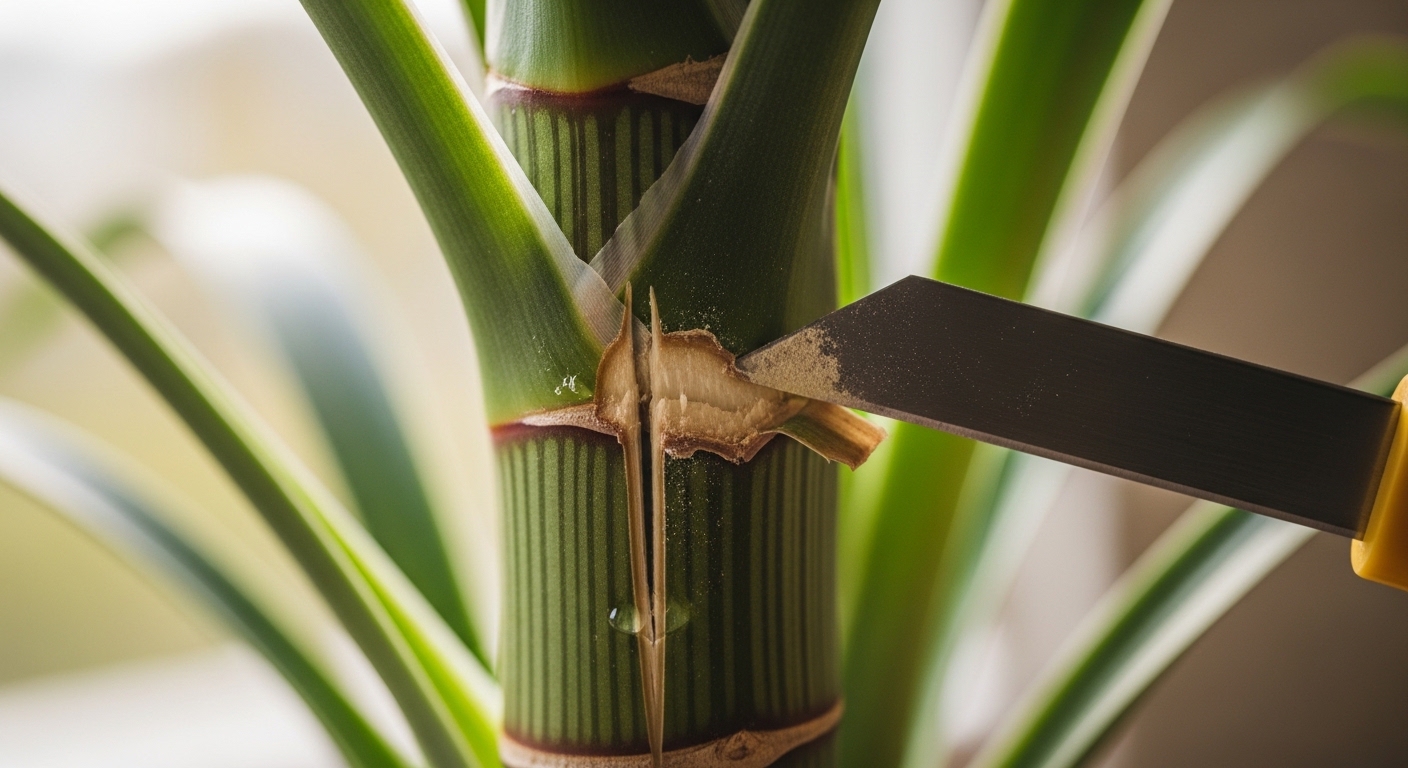Dracaena stem scored and peeled for air layering propagation