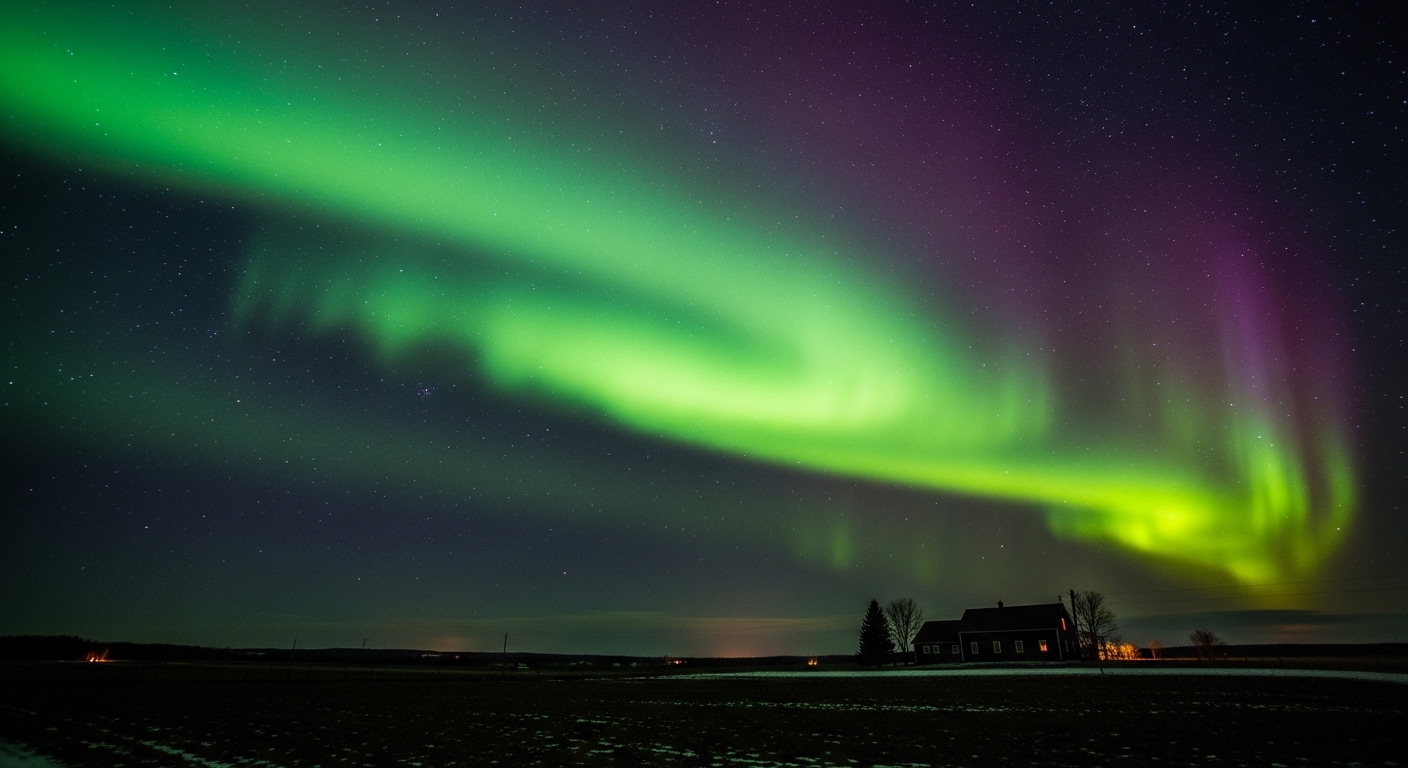 Aurora borealis over rural landscape at night