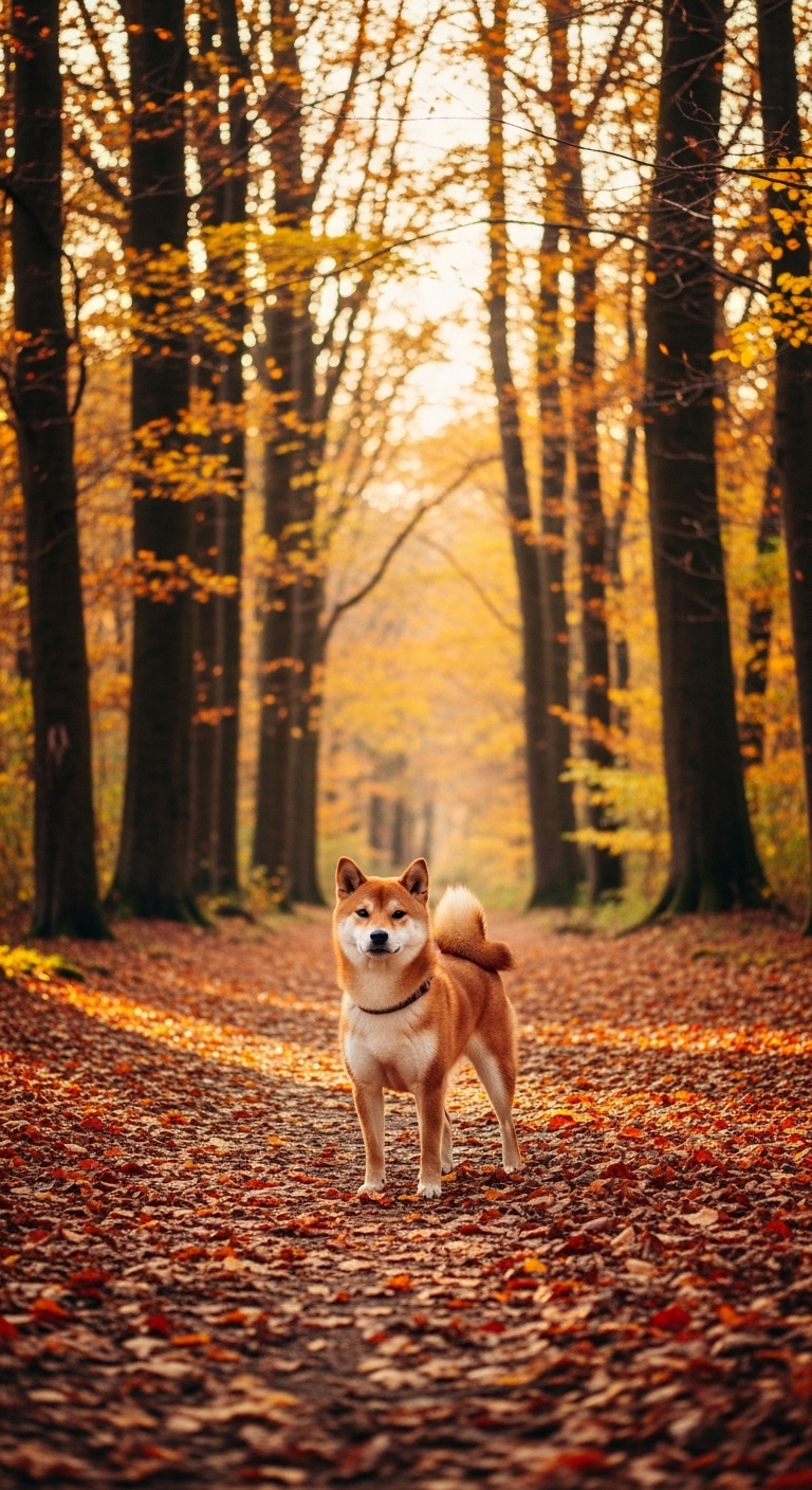 Shiba Inu standing proudly on autumn forest trail