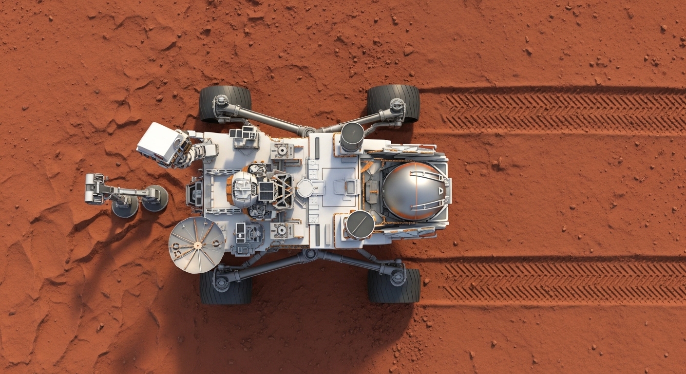 Overhead view of Mars rover model showing RTG