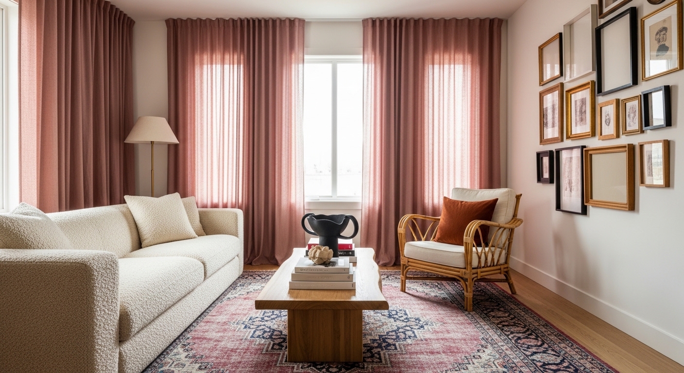 Eclectic living room with boucle sofa, rattan chair, and gallery wall