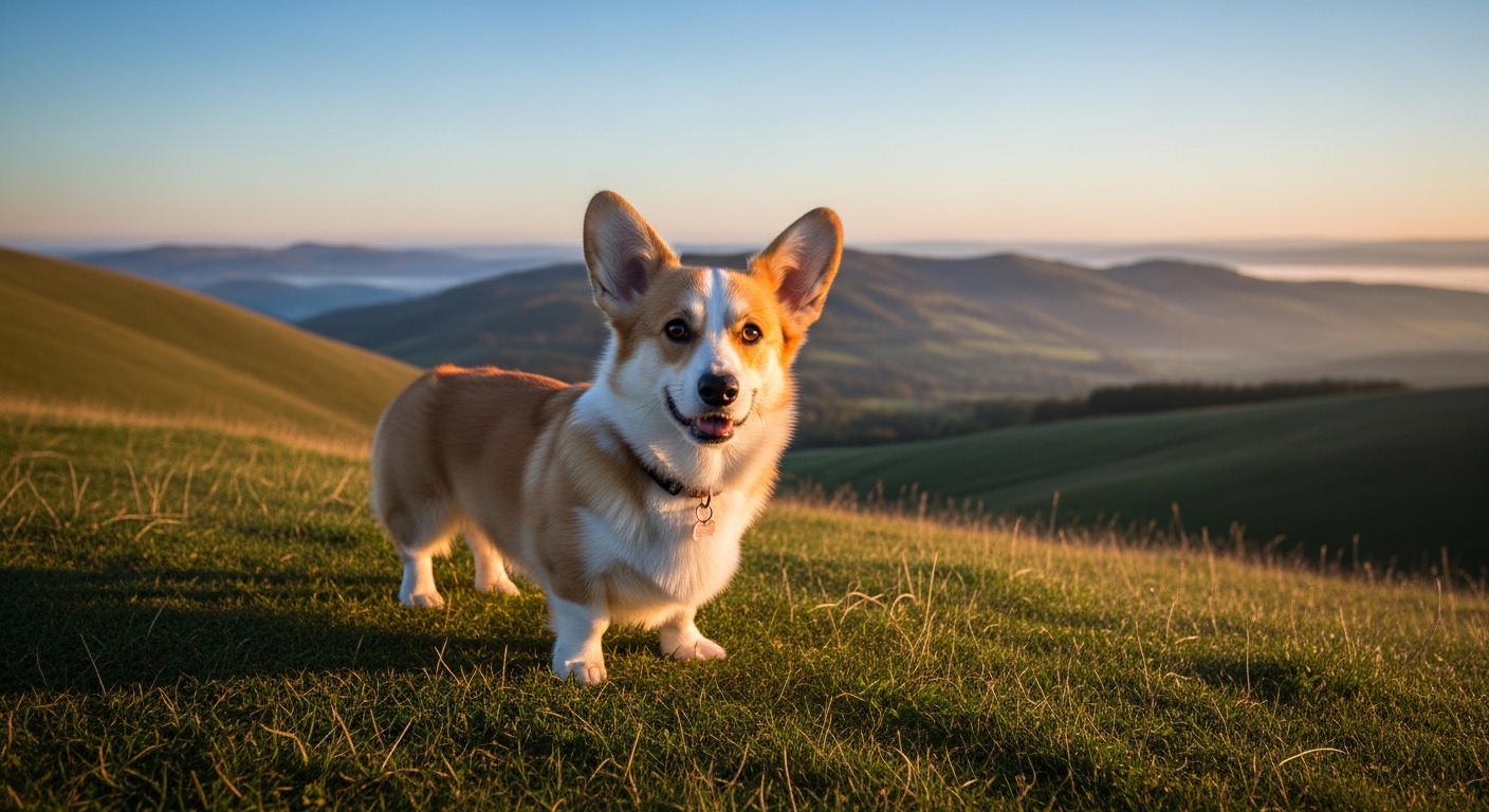Pembroke Welsh Corgi standing alert on a grassy hillside