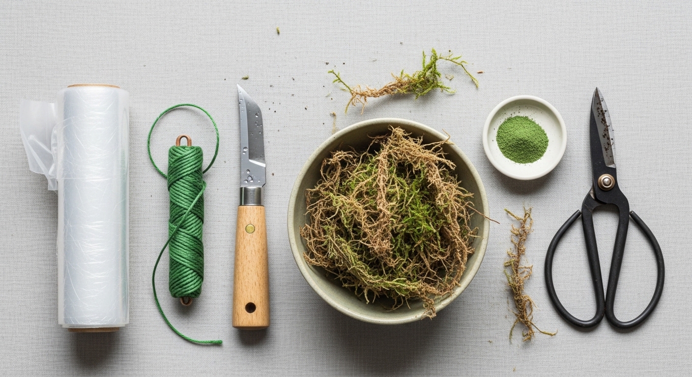 Air layering tools including sphagnum moss, knife, and plastic wrap