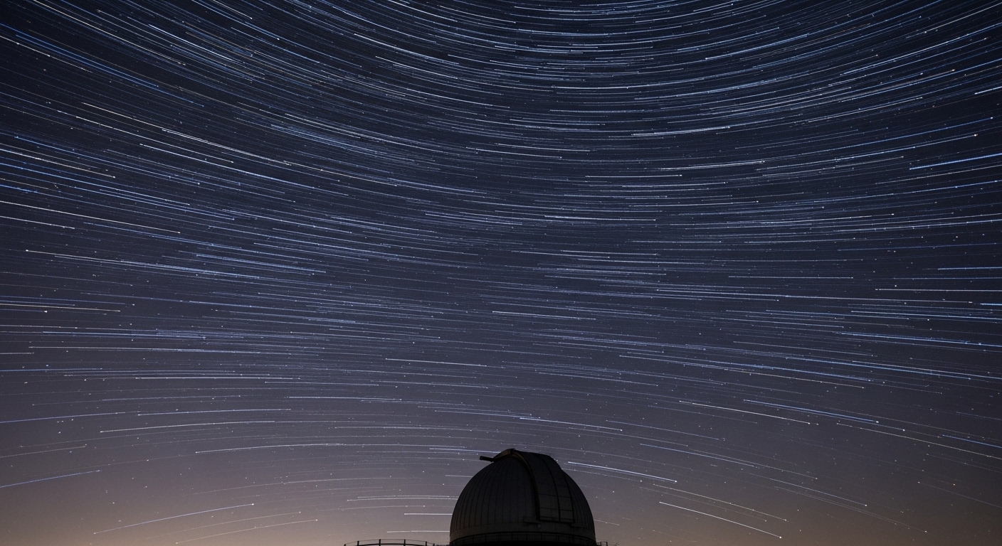 Satellite trails crossing night sky above observatory
