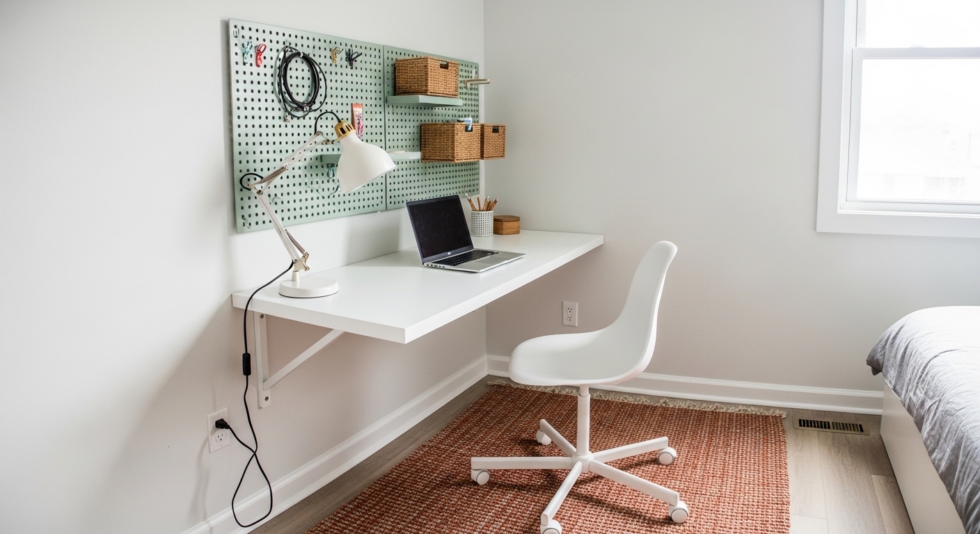 Budget bedroom corner office with pegboard, brass lamp, and rust rug