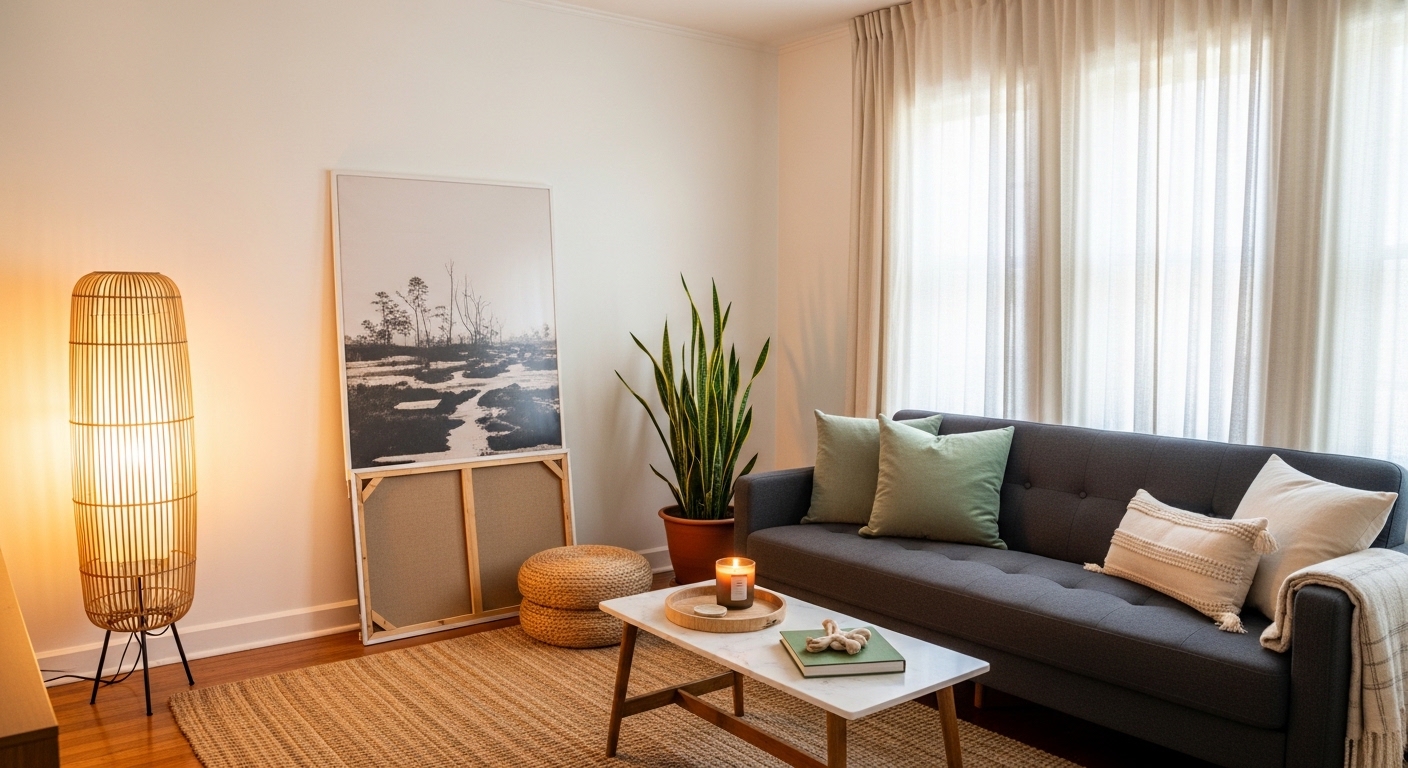 Fully styled budget living room with jute rug, rattan lamp, and leaning art