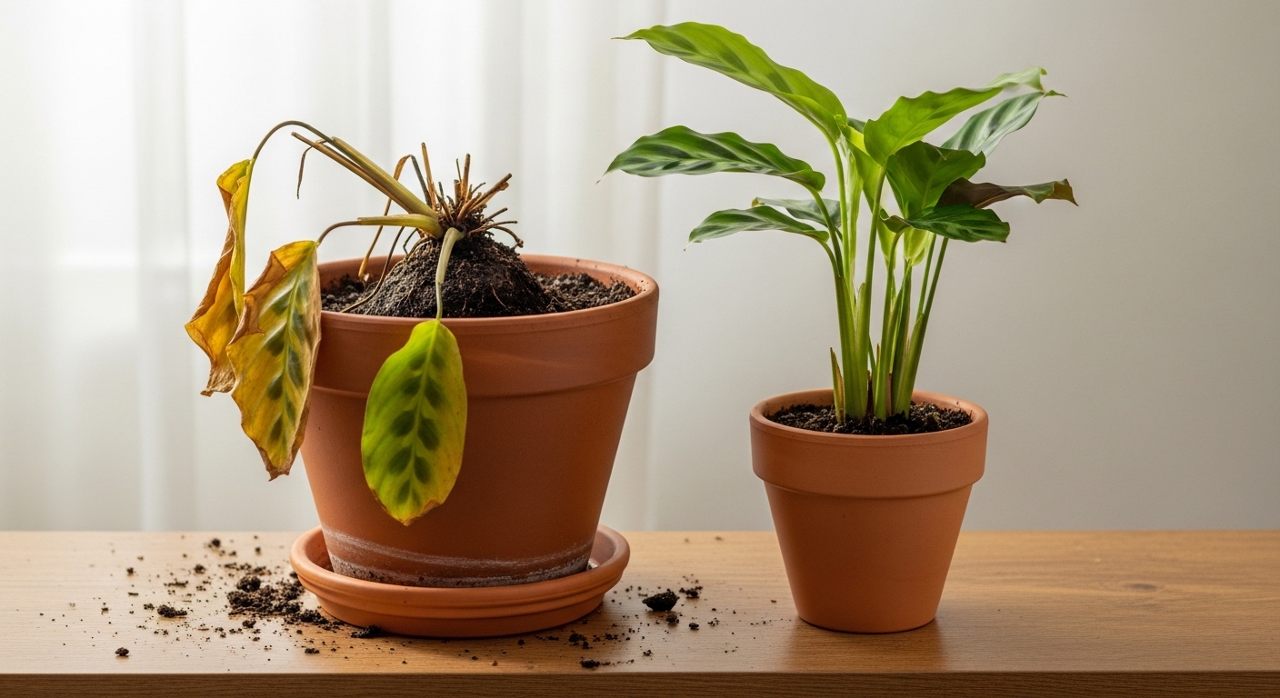 Comparison of calathea in oversized pot versus correctly sized pot after division