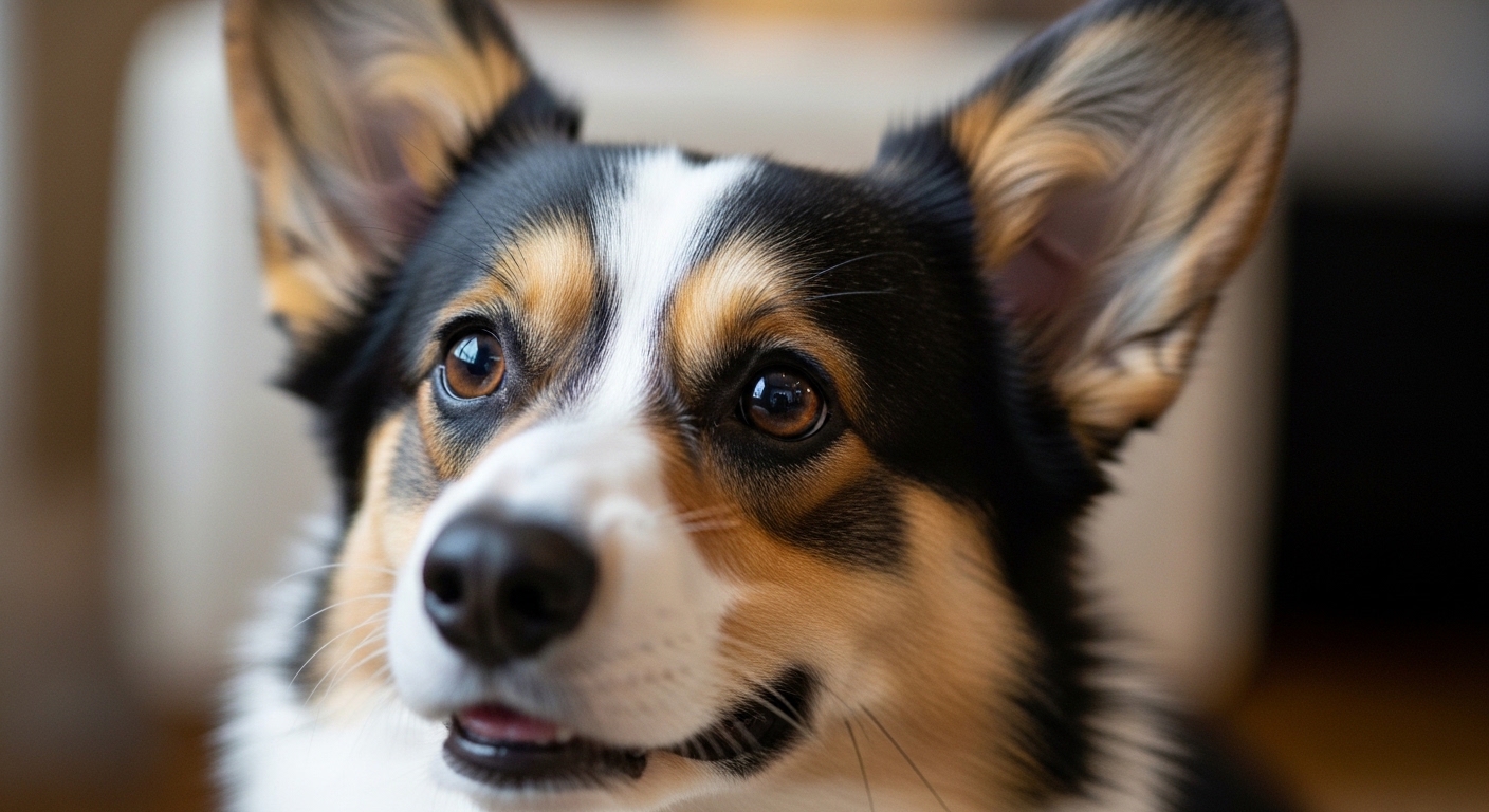 close-up of tri-color Pembroke Welsh Corgi face with alert ears