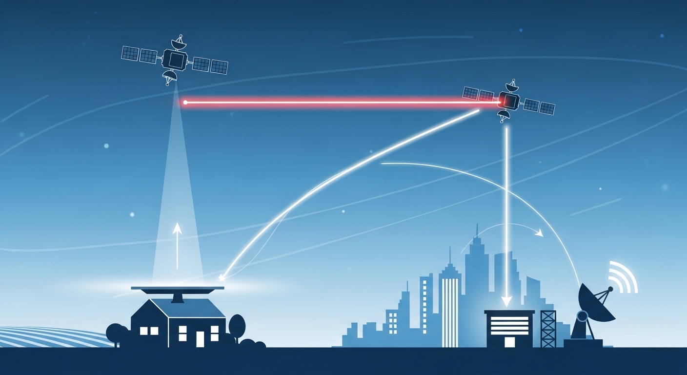 Diagram of data routing through a satellite constellation