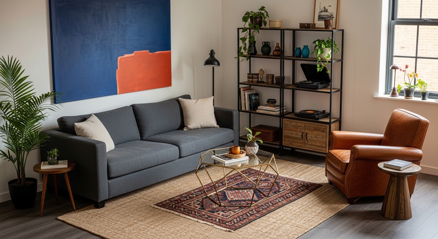 Wide-angle eclectic living room with linen sofa, leather chair, and open shelving