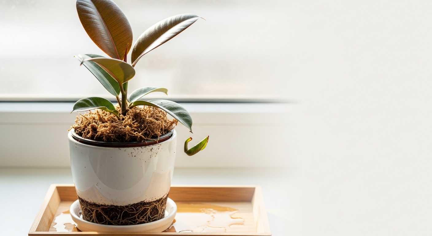 Freshly potted air-layered ficus cutting on a bright windowsill