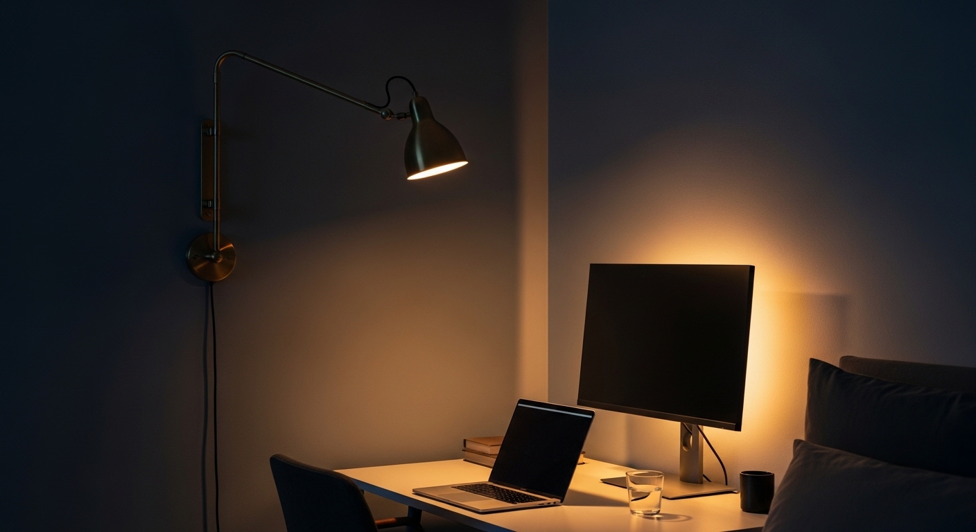 Brass wall sconce and LED glow lighting a bedroom corner desk at dusk