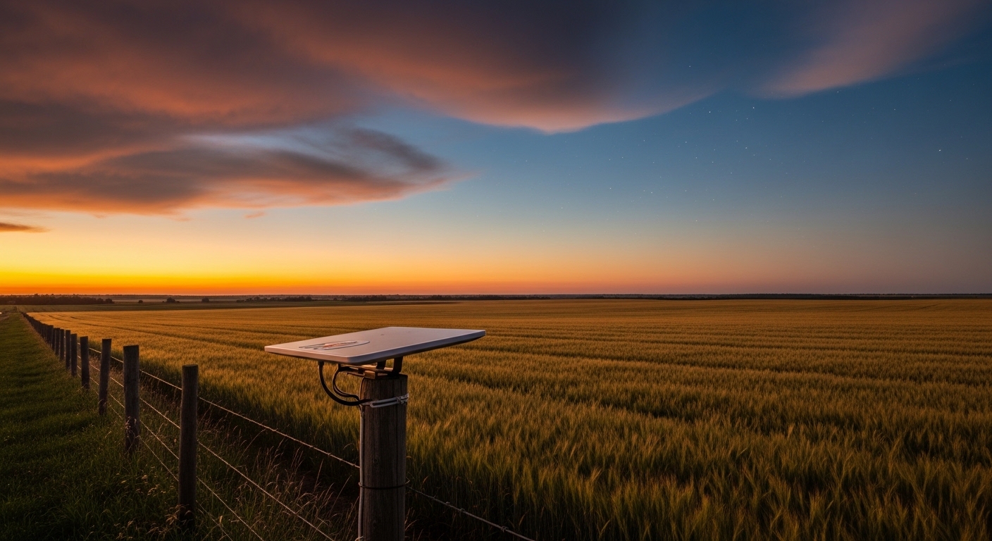 Satellite internet dish in rural landscape at dusk