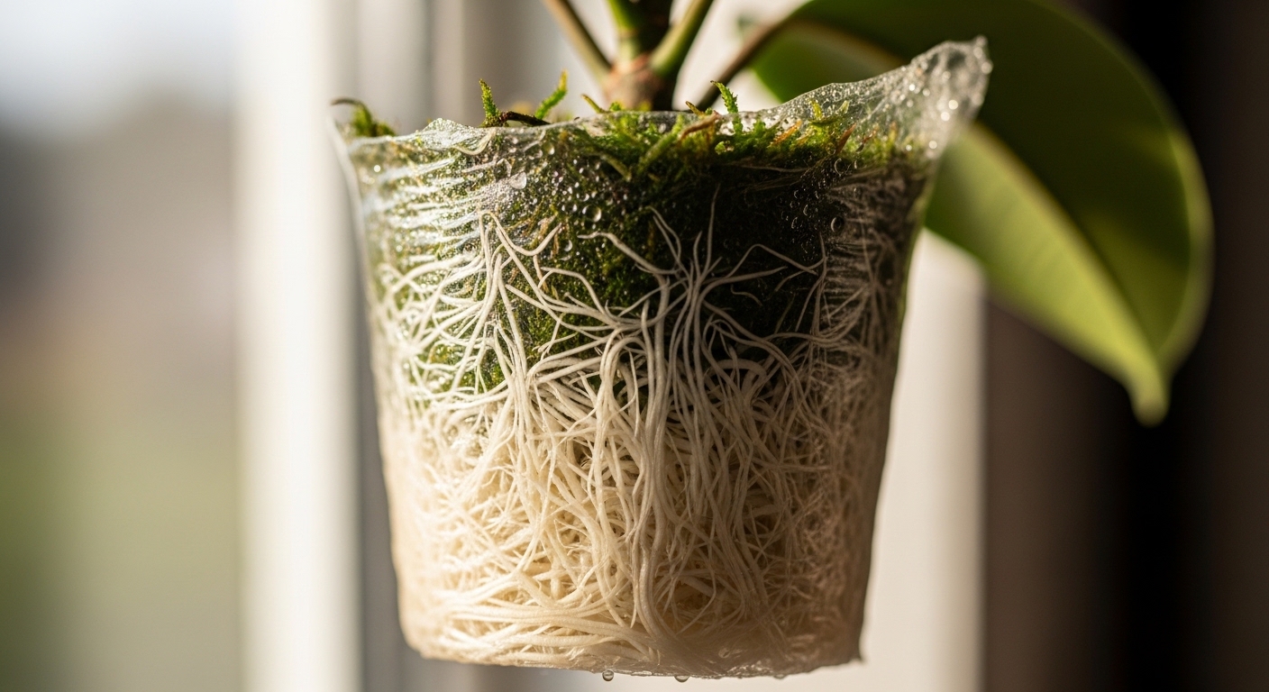 Dense white roots visible through plastic wrap on air layer