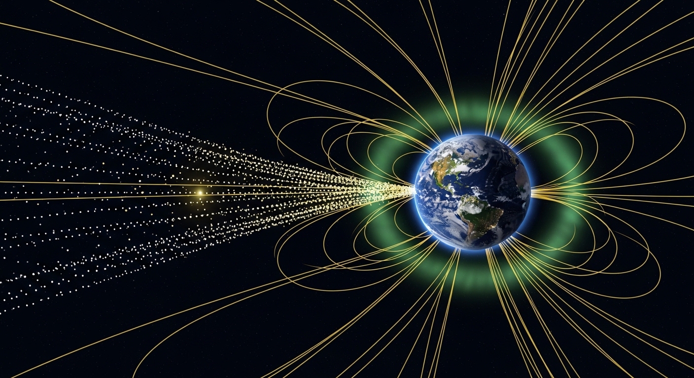 Diagram of Earth magnetic field deflecting solar wind toward poles