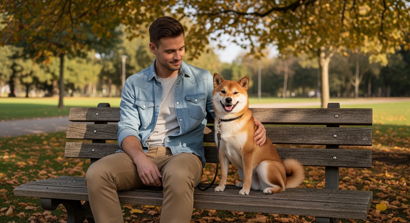 Shiba Inu sitting calmly beside owner on sunny park bench