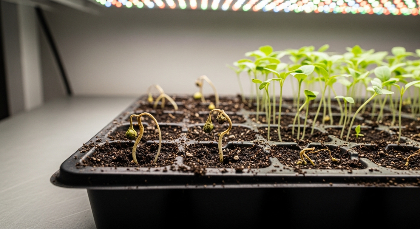 Seed tray showing damping off damage in two cells beside healthy green seedlings