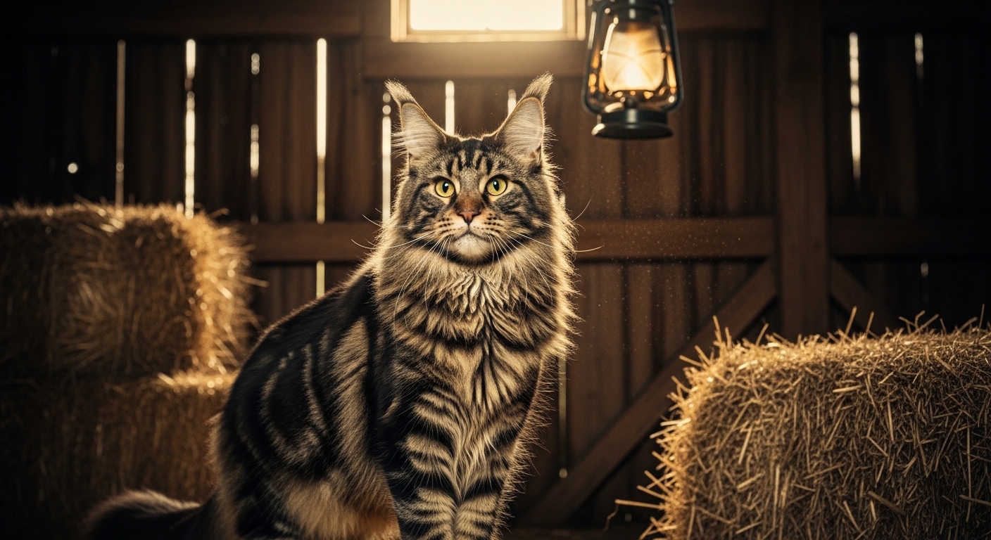 Maine Coon cat standing in rustic barn with warm lighting