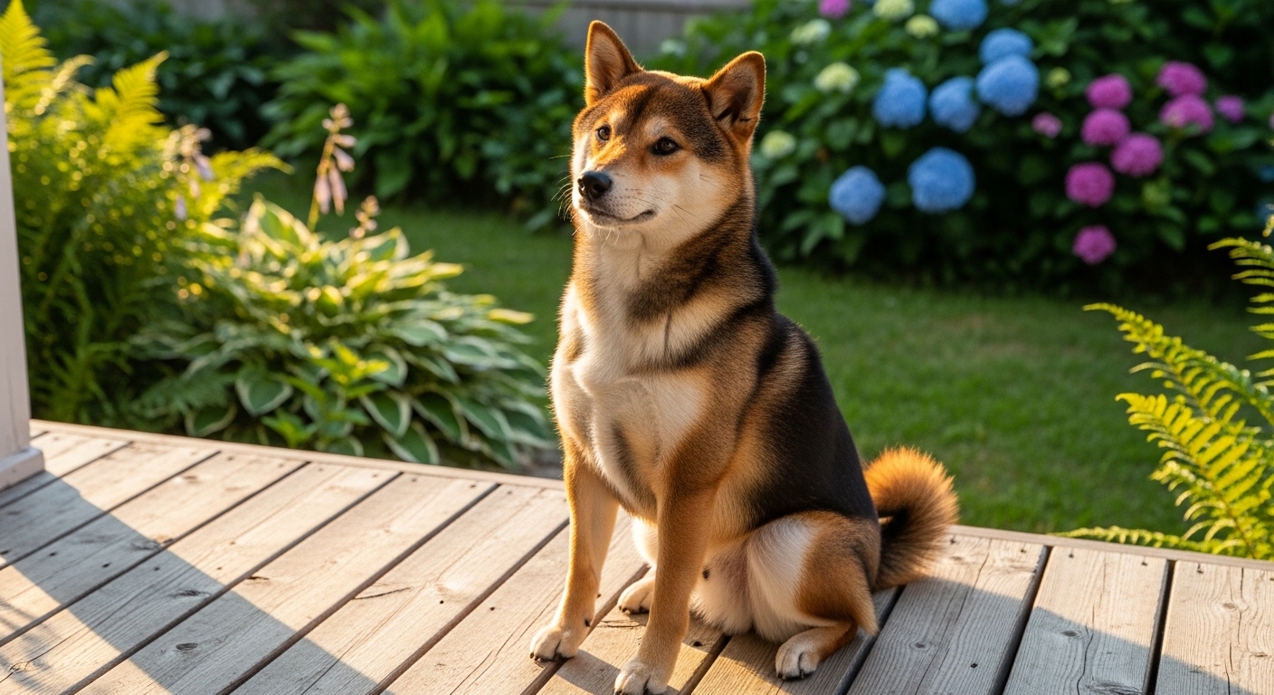 Shiba Inu sitting alert on wooden porch in golden light