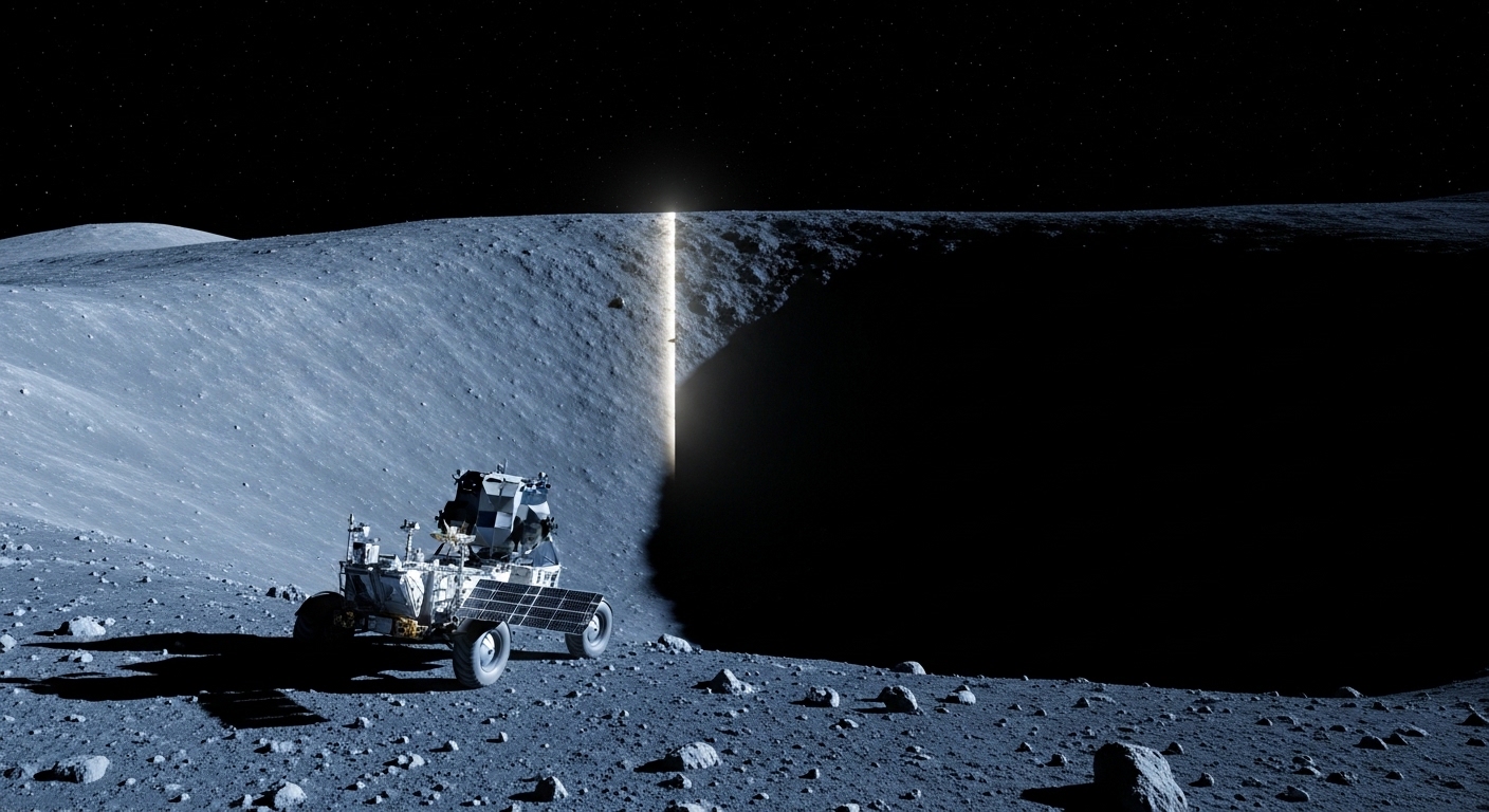 Lunar rover near shadowed crater at the south pole