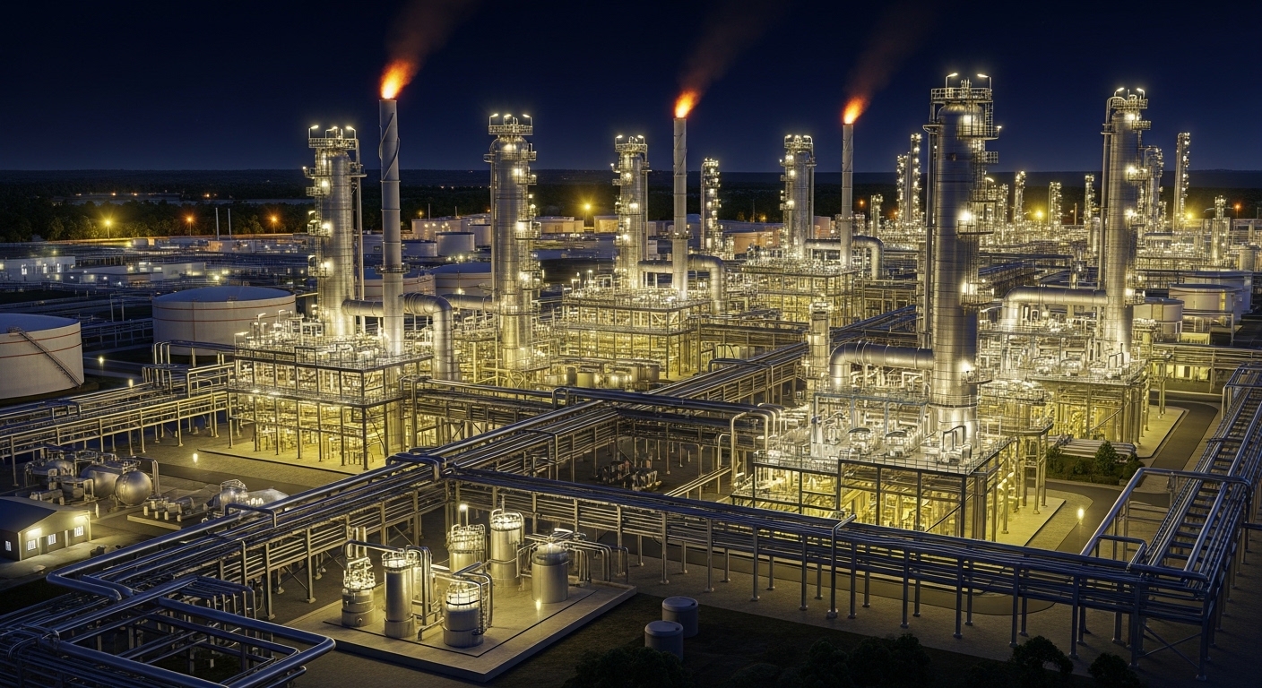 Oil refinery at night with illuminated towers