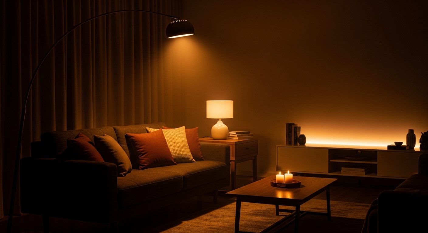 Moody evening living room with layered warm lamp lighting and candles